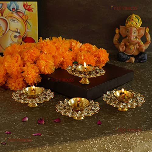 TIED RIBBONS Pack of 4 Brass Crystal Akhand Diya Brass Oil Puja Lamp - Diwali Diya - Diwali Decorations Items for Home and Diwali Gifts (Golden, 9 x 3.5 cm) - Image 4