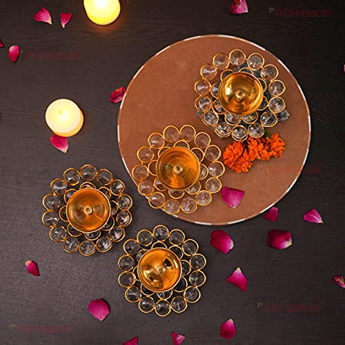 TIED RIBBONS Pack of 4 Brass Crystal Akhand Diya Brass Oil Puja Lamp - Diwali Diya - Diwali Decorations Items for Home and Diwali Gifts (Golden, 9 x 3.5 cm) - Image 5