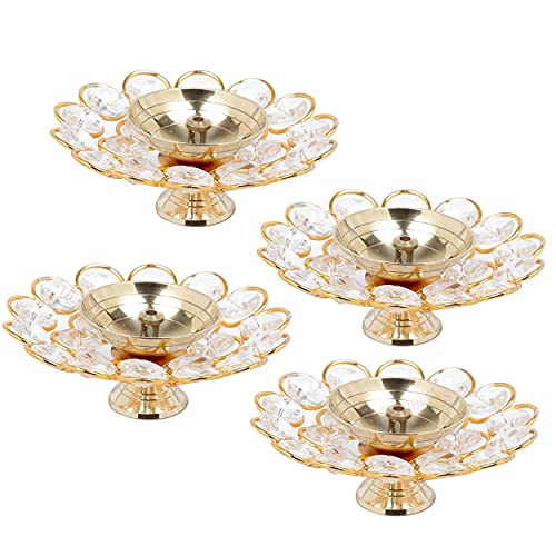 TIED RIBBONS Pack of 4 Brass Crystal Akhand Diya Brass Oil Puja Lamp - Diwali Diya - Diwali Decorations Items for Home and Diwali Gifts (Golden, 9 x 3.5 cm) - Image 6