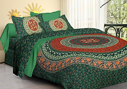 Tiger Exports Cotton Rajasthani Print Double Bedsheet with 2 Pillow Covers- King Size, Olive Green - Image 2