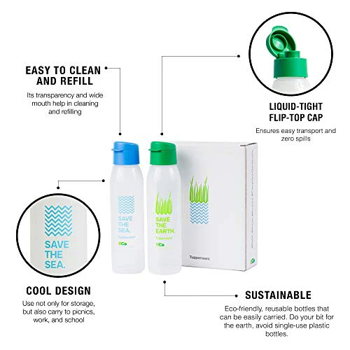 Tupperware Cool n Chic, Save Earth Save Sea Plastic Bottle, 500ml, Set of 2, Green, Blue - Image 5