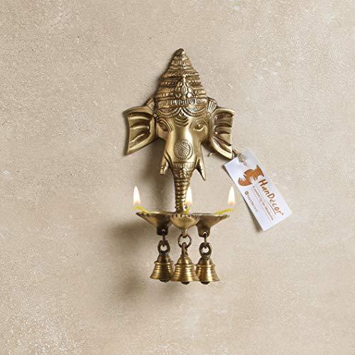 Two Moustaches Brass Ganesha Wall Hanging Deepak with Bells | Home Decor Diya | - Image 3