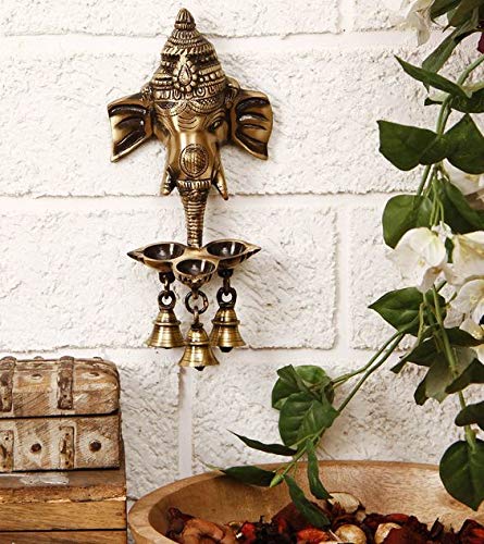 Two Moustaches Brass Ganesha Wall Hanging Deepak with Bells | Home Decor Diya | - Image 4