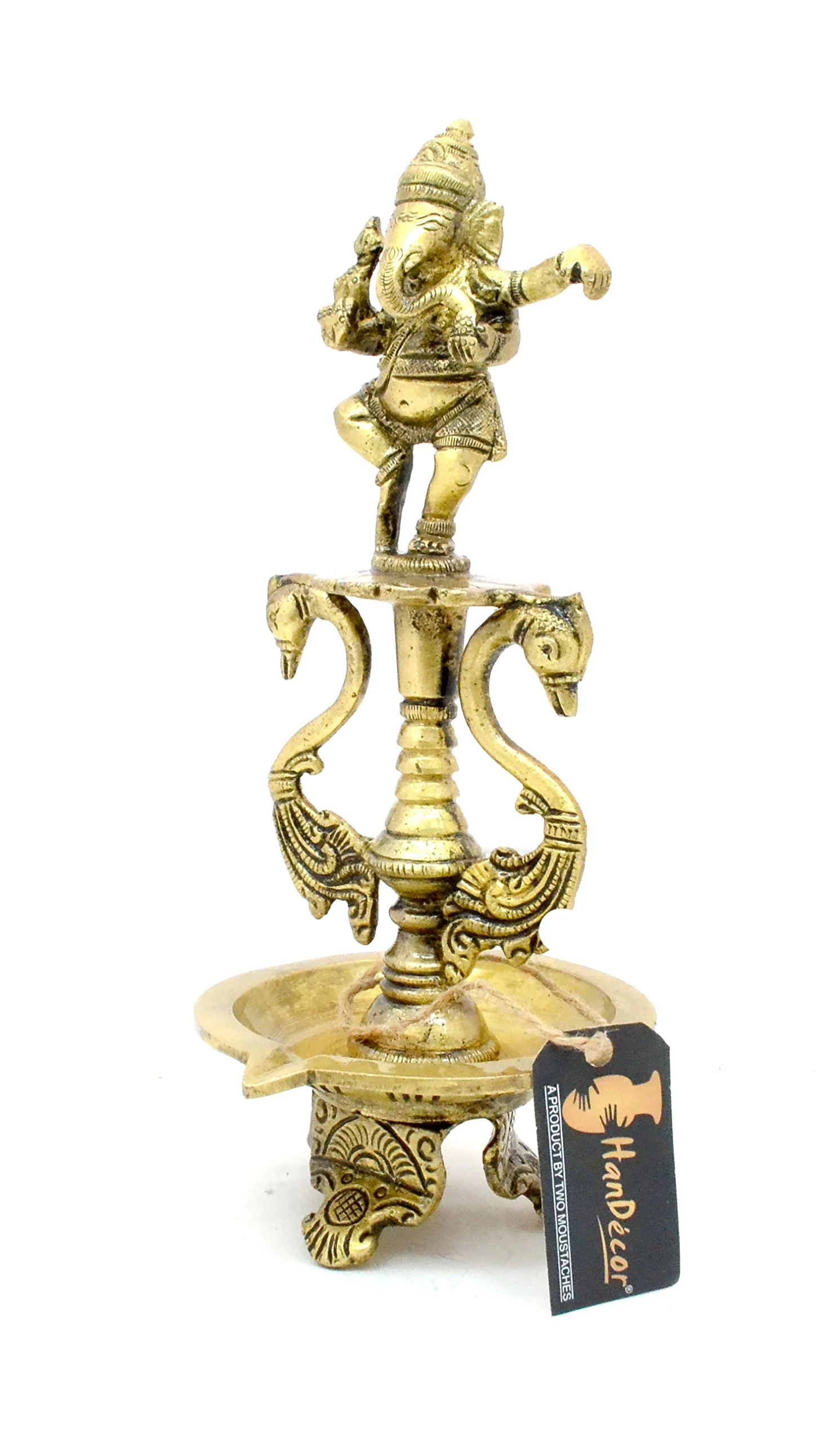 Two Moustaches Dancing Ganesha Brass Oil Diya with Base - Image 3