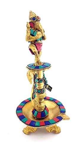 Two Moustaches Dancing Ganesha Gemstone Work Brass Oil Diya - Image 5