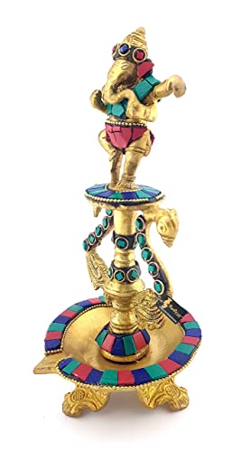 Two Moustaches Dancing Ganesha Gemstone Work Brass Oil Diya - Image 6