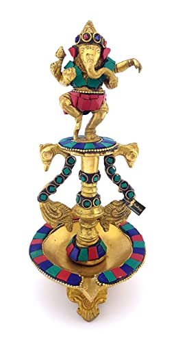 Two Moustaches Dancing Ganesha Gemstone Work Brass Oil Diya - Image 7