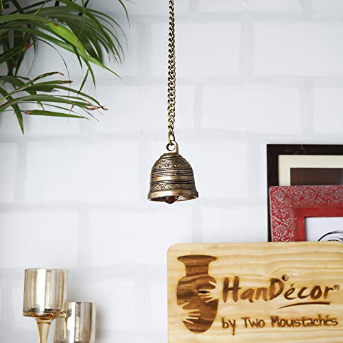 Two Moustaches Ethnic Indian Handcrafted Brass Temple Hanging Bell with Chain