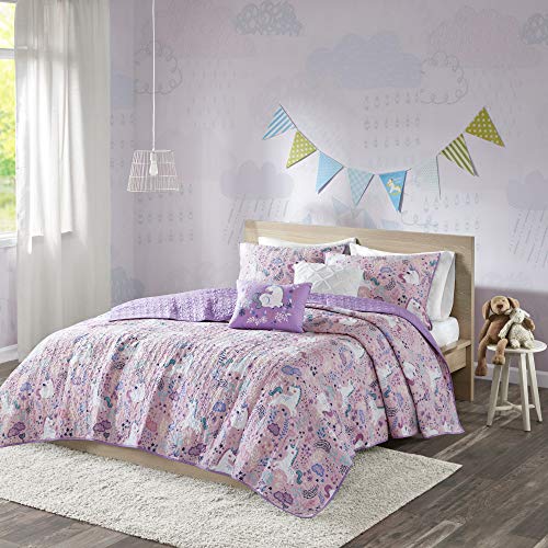 Urban Habitat Kids Lola Reversible Cotton Unicorn Floral Flower Botanical Printed Embroidered Pillow Soft Down Alternative Hypoallergenic Season Coverlet Quilts Bedding-Set, Full/Queen, Pink