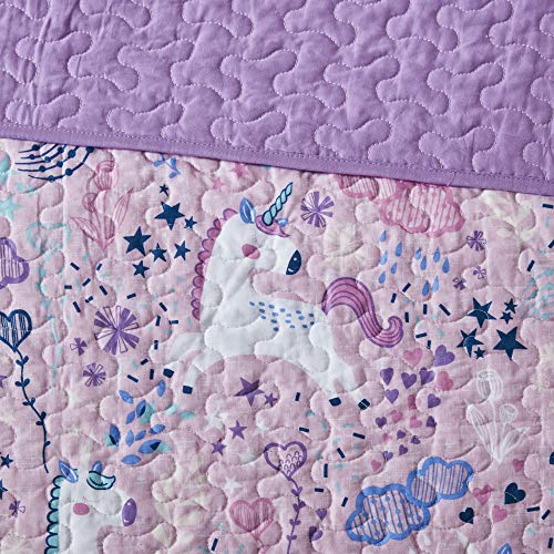Urban Habitat Kids Lola Reversible Cotton Unicorn Floral Flower Botanical Printed Embroidered Pillow Soft Down Alternative Hypoallergenic Season Coverlet Quilts Bedding-Set, Full/Queen, Pink - Image 2