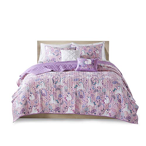 Urban Habitat Kids Lola Reversible Cotton Unicorn Floral Flower Botanical Printed Embroidered Pillow Soft Down Alternative Hypoallergenic Season Coverlet Quilts Bedding-Set, Full/Queen, Pink - Image 5
