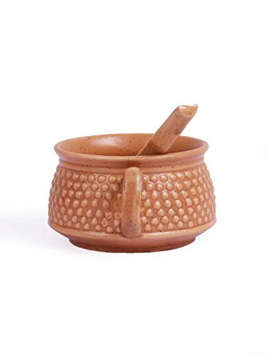 VarEesha Ceramic Brown Microwave Safe Soup Bowls with Spoons Set - Image 3