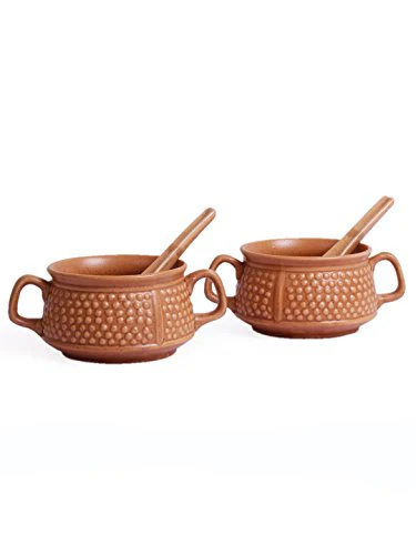 VarEesha Ceramic Brown Microwave Safe Soup Bowls with Spoons Set - Image 4