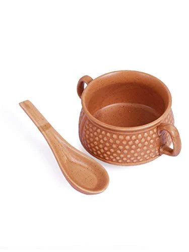VarEesha Ceramic Brown Microwave Safe Soup Bowls with Spoons Set - Image 5