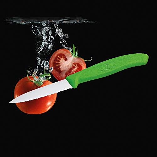 Victorinox Kitchen Knife, Stainless Steel Swiss Made Vegetable Cutting and Chopping Knife, Serrated Edge, 8 cm, Green - Image 4