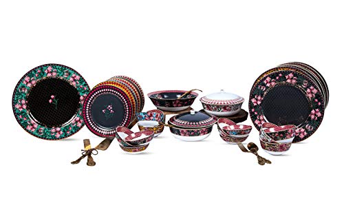 Vikas Khanna By Celeste Moksha Ceramic Dinner Set, Décor Settings, 24 K Gold Plated, Color- Charcoal Black