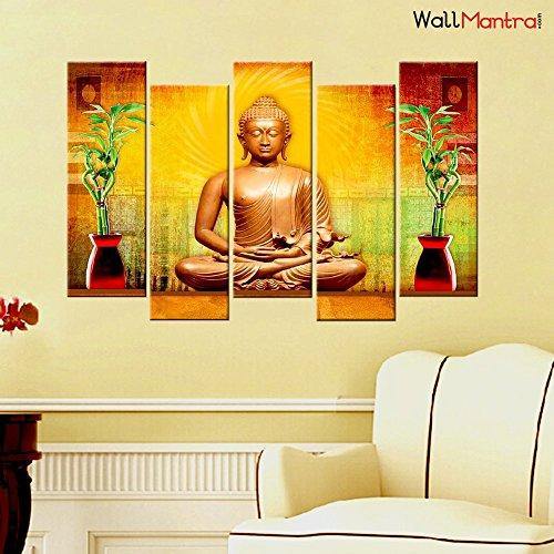 WallMantra Golden Buddha Wall Painting / 5 Pieces Canvas Print Wall Hanging/Stretched and Framed on Wood / 44" W x 24" H/Home Decor for Living Room, Bedroom, Office Decoration