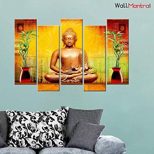 WallMantra Golden Buddha Wall Painting / 5 Pieces Canvas Print Wall Hanging/Stretched and Framed on Wood / 44" W x 24" H/Home Decor for Living Room, Bedroom, Office Decoration - Image 2