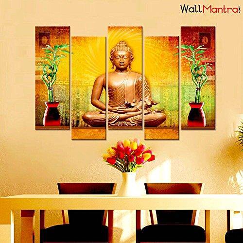 WallMantra Golden Buddha Wall Painting / 5 Pieces Canvas Print Wall Hanging/Stretched and Framed on Wood / 44" W x 24" H/Home Decor for Living Room, Bedroom, Office Decoration - Image 4