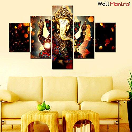 WallMantra Sri Ganesha Indian Hindu Spiritual Painting / 5 Pieces Canvas Print Wall Hanging/Stretched and Framed on Wood / 44" W x 24" H/Home Decor for Living Room, Bedroom, Office Decoration