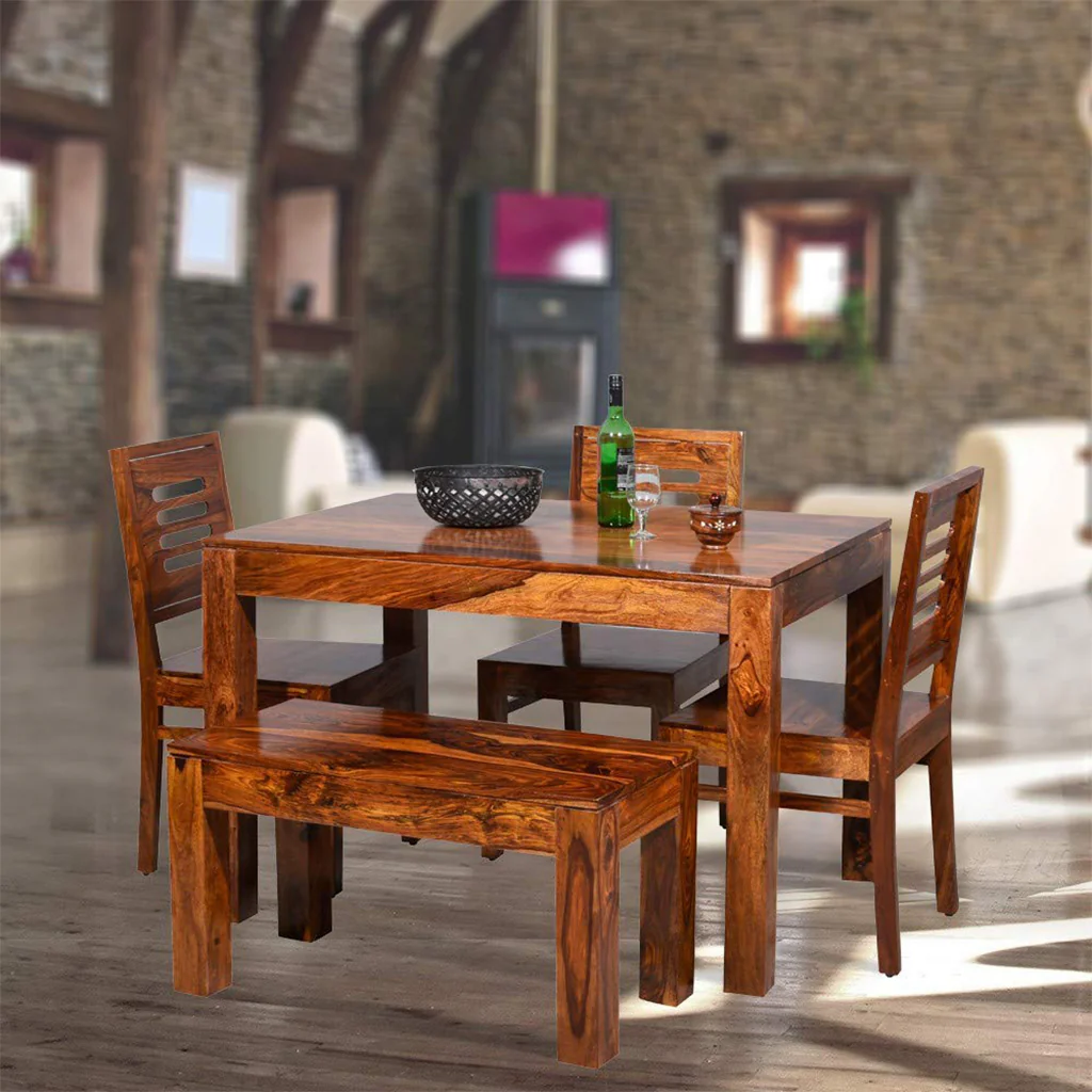 Dining Table Set with 3 Chairs & 1 Bench | Honey Finish - Image 2