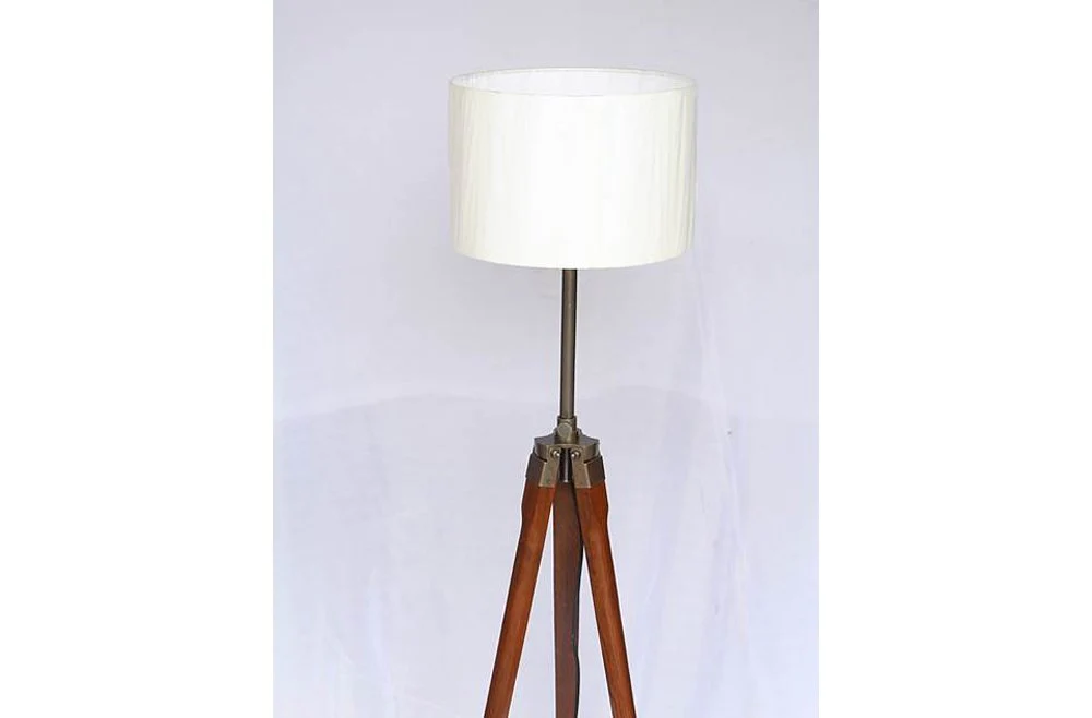Wooden Tripod Floor Lamp Stand with Shade and Bulb: Off White - Image 7